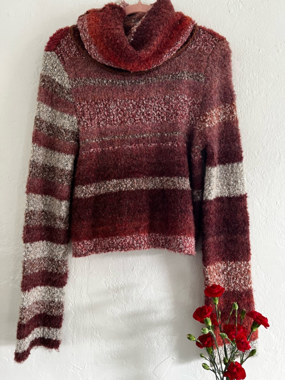 Free People Burgundy & Cream Striped Cowl Neck Sweater